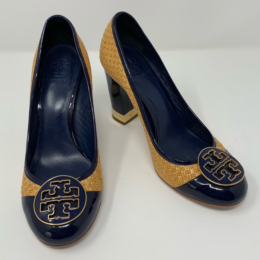 TORY BURCH AUTHENTIC BLUE TAN GENTLY WORN HEELS
